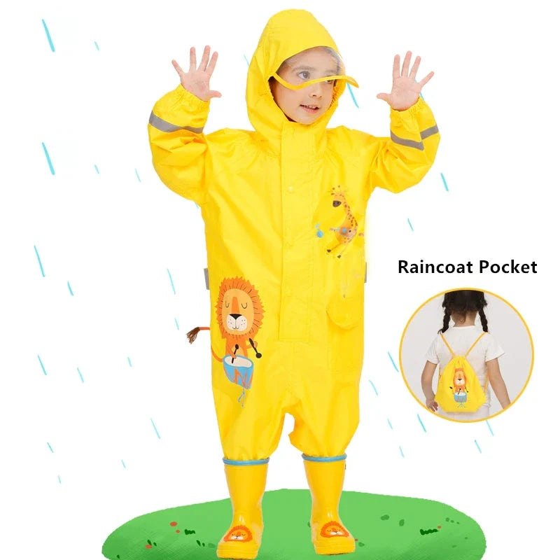 Children in a colorful dinosaur-themed waterproof rain jumpsuit playing outdoors in the rain