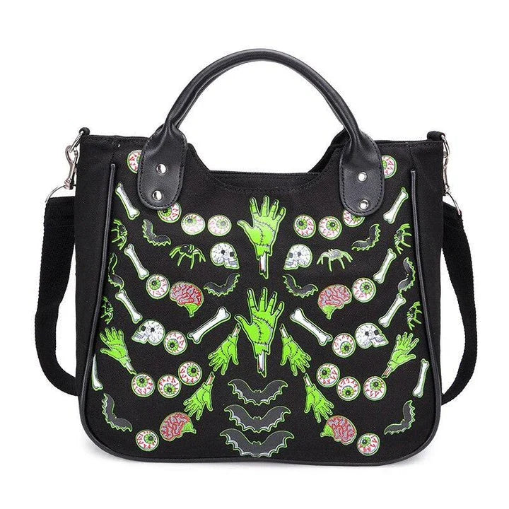 Chic spooky ghost print canvas tote bag with adjustable shoulder strap and zippered closure