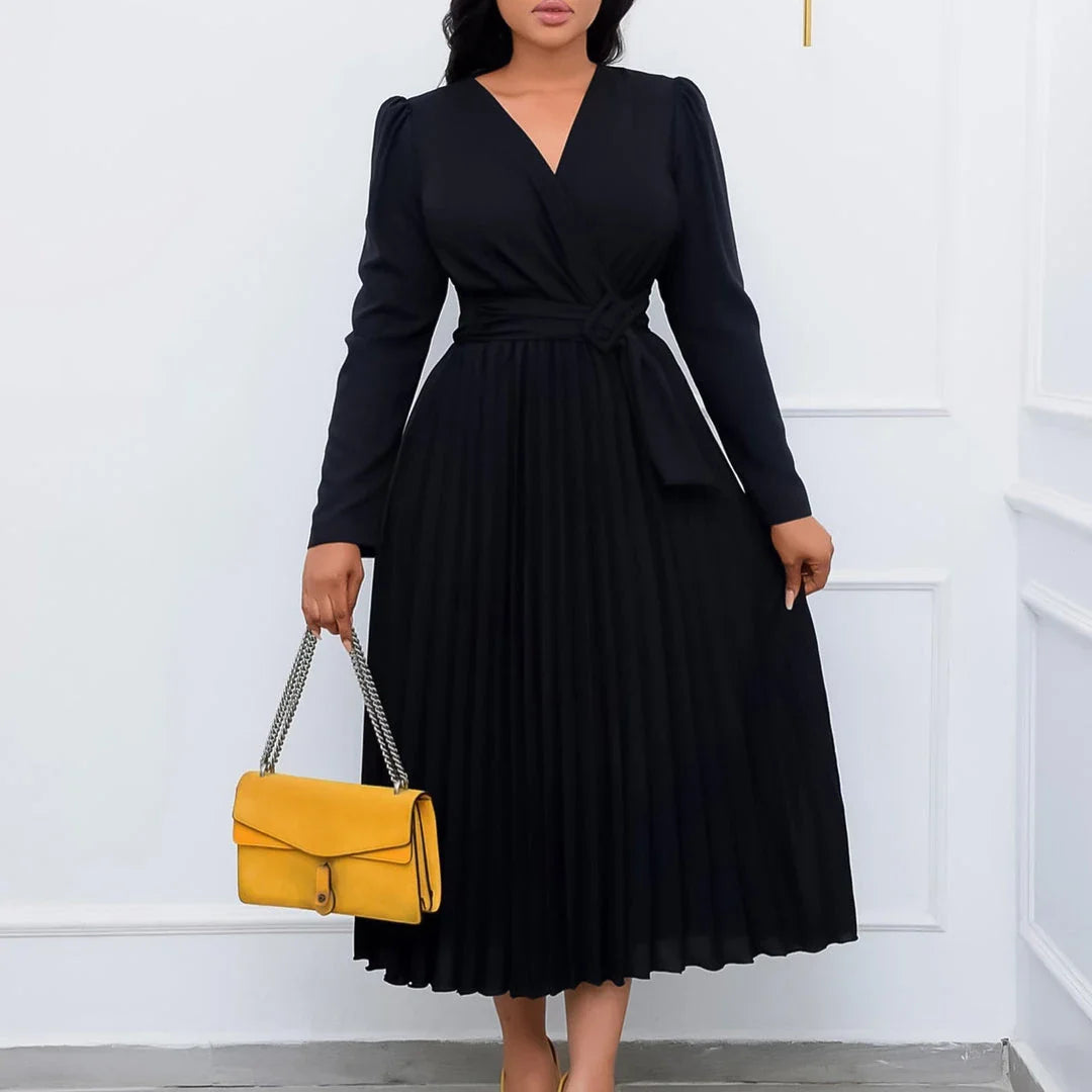 Luxurious long sleeve pleated Africa dress with lace-up neckline, available in multiple colors and sizes