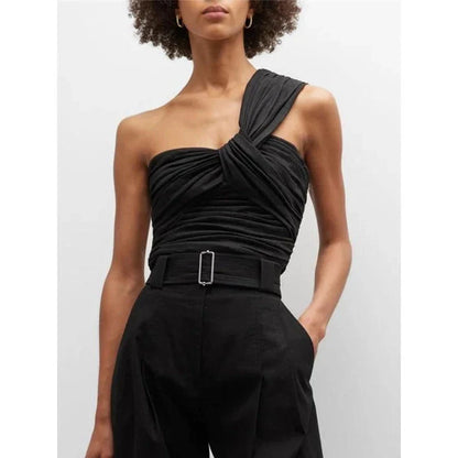 Asymmetrical solid tank top with diagonal collar and slimming folds, made from soft and breathable cotton-polyester blend