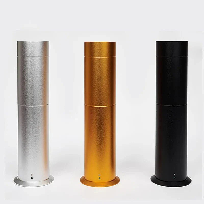 Elegant 120ml electric aroma diffuser with sleek metal design in black or silver, providing wide coverage and quiet operation for any space