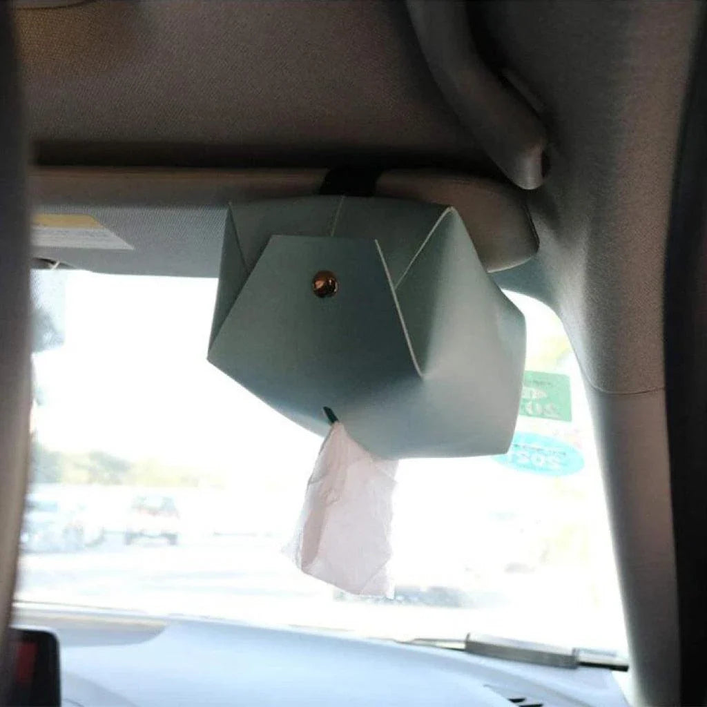 Blue polyurethane leather tissue box cover with snap-and-hold design for secure placement in car
