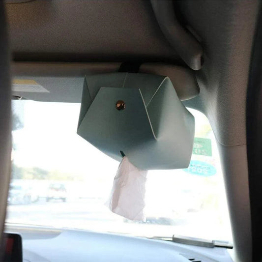Blue polyurethane leather tissue box cover with snap-and-hold design for secure placement in car