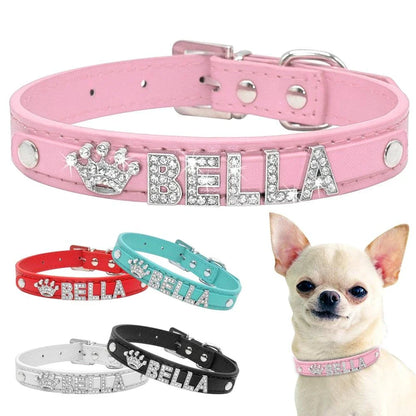 Elegant leather dog collar with shimmering crystal embellishments, perfect for adding a touch of luxury to your pup's style.