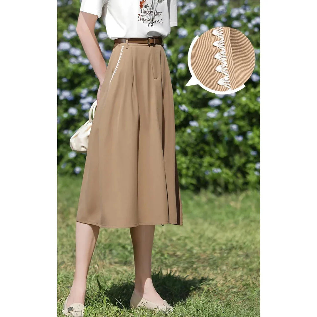 Elegant French-inspired high-waist embroidered A-line skirt in khaki color