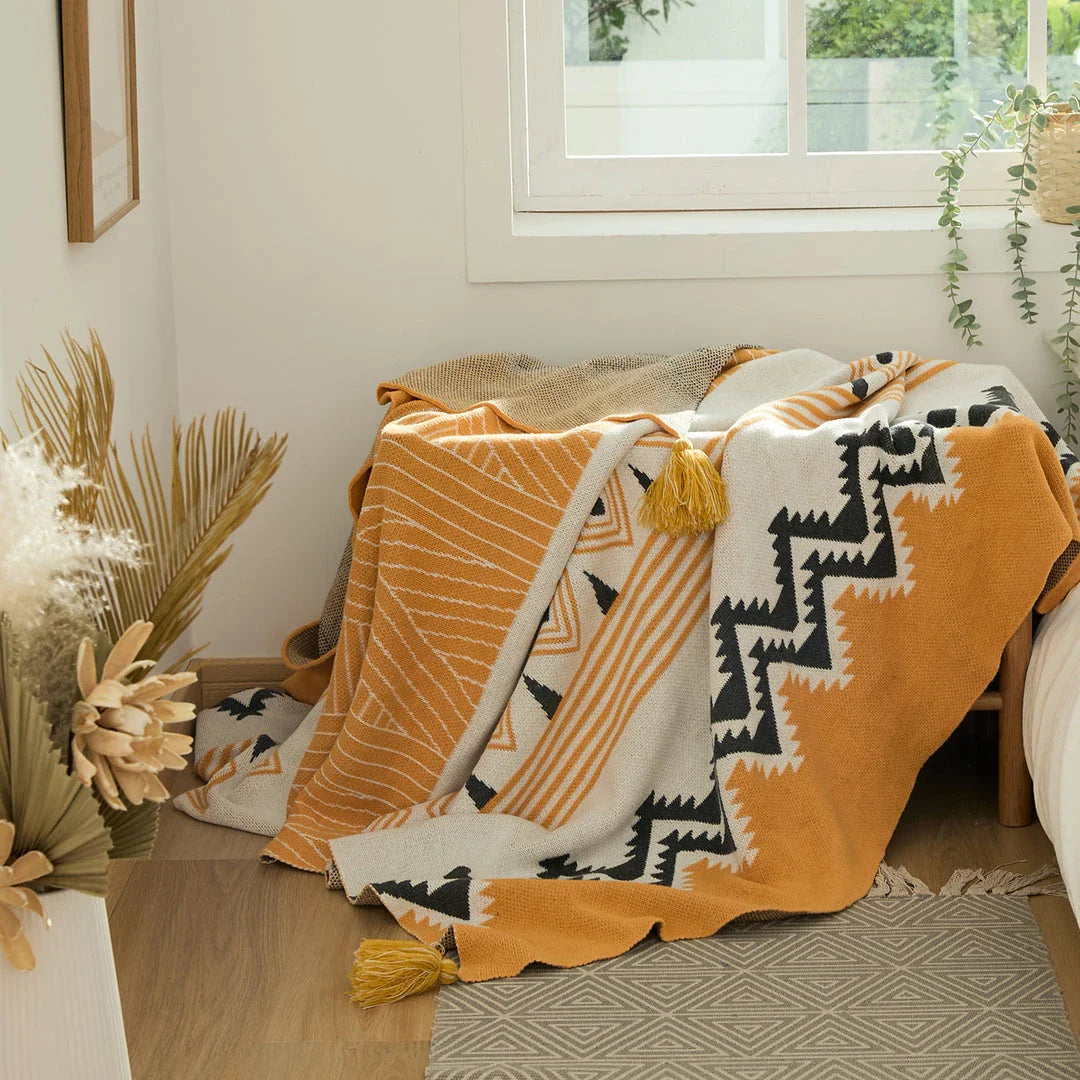 Cozy Bohemian Cotton Throw Blanket with Tassels in Yellow, Pink, and Gray Colors