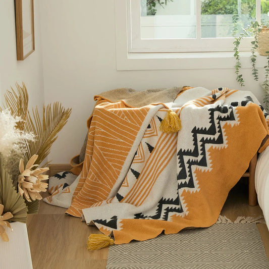 Cozy Bohemian Cotton Throw Blanket with Tassels in Yellow, Pink, and Gray Colors