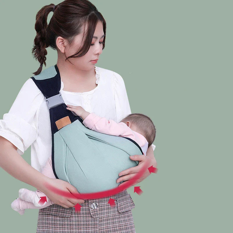Comfortable one-handed newborn baby carrier made of soft, breathable cotton with a secure and snug fit for hands-free babywearing