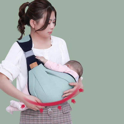 Comfortable one-handed newborn baby carrier made of soft, breathable cotton with a secure and snug fit for hands-free babywearing