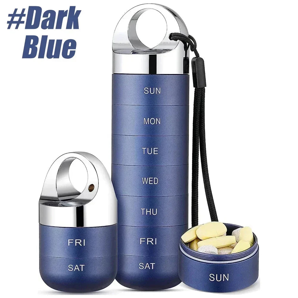 A high-quality, waterproof metal weekly pill box organizer with spacious compartments for managing medications on the go