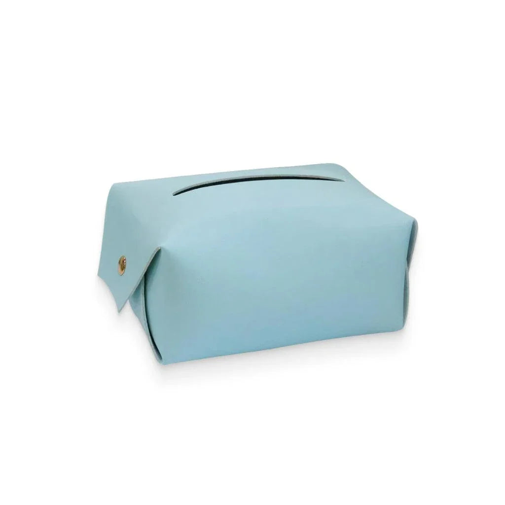 Blue polyurethane leather tissue box cover with snap-and-hold design for secure placement in car