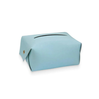 Blue polyurethane leather tissue box cover with snap-and-hold design for secure placement in car