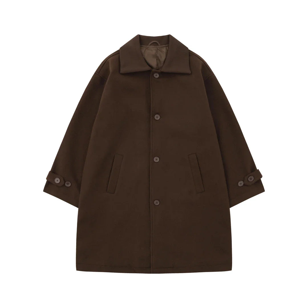 Premium Japanese-inspired retro wool coat in a classic brown color, featuring a single-breasted design and lapel collar for a polished look.