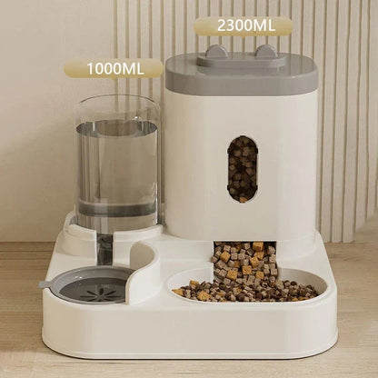 Automatic 2-in-1 Pet Feeder and Water Dispenser in various colors - grey, yellow, blue, and pink - with large capacity and self-refilling design