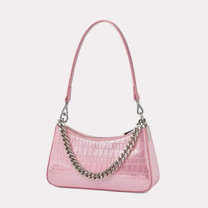 Elegant alligator print leather shoulder bag with chic chain decoration, versatile hobo shape, and interior organization pockets