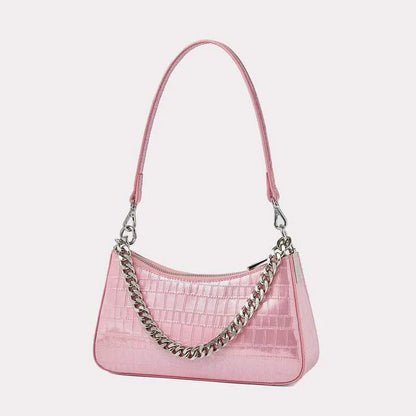 Elegant alligator print leather shoulder bag with chic chain decoration, versatile hobo shape, and interior organization pockets