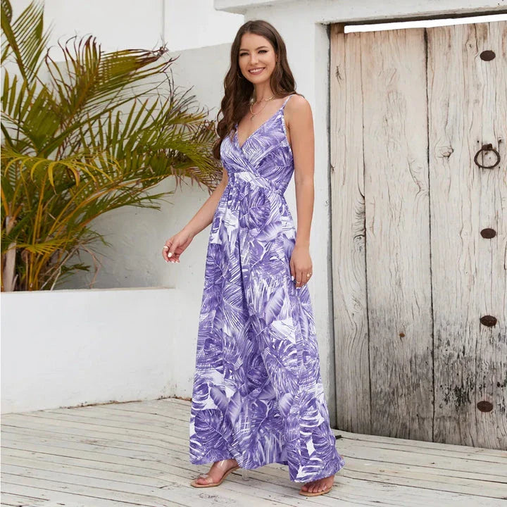Elegant Bohemian Paisley Print Maxi Dress with spaghetti straps and V-neck, perfect for casual or formal events.