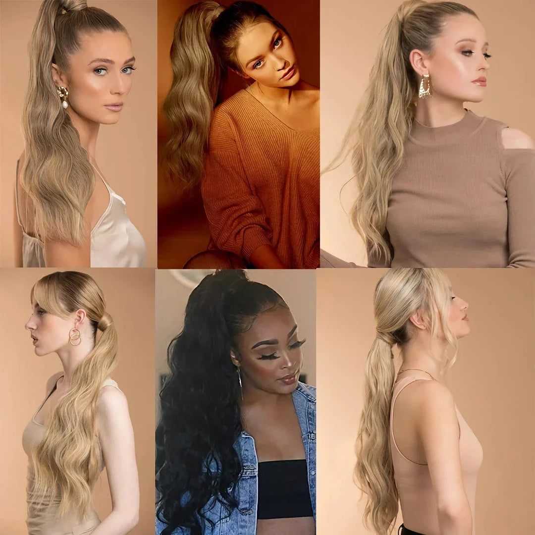 Glamorous blonde wavy clip-in ponytail for a Hollywood-inspired hairstyle
