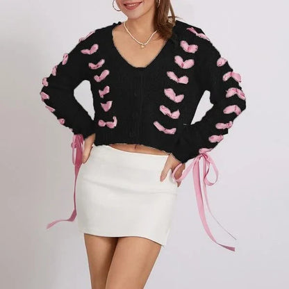 Chic Contrast V-Neck Tie Cardigan for Women in White - Soft, Cozy, and Stylish Knit Sweater