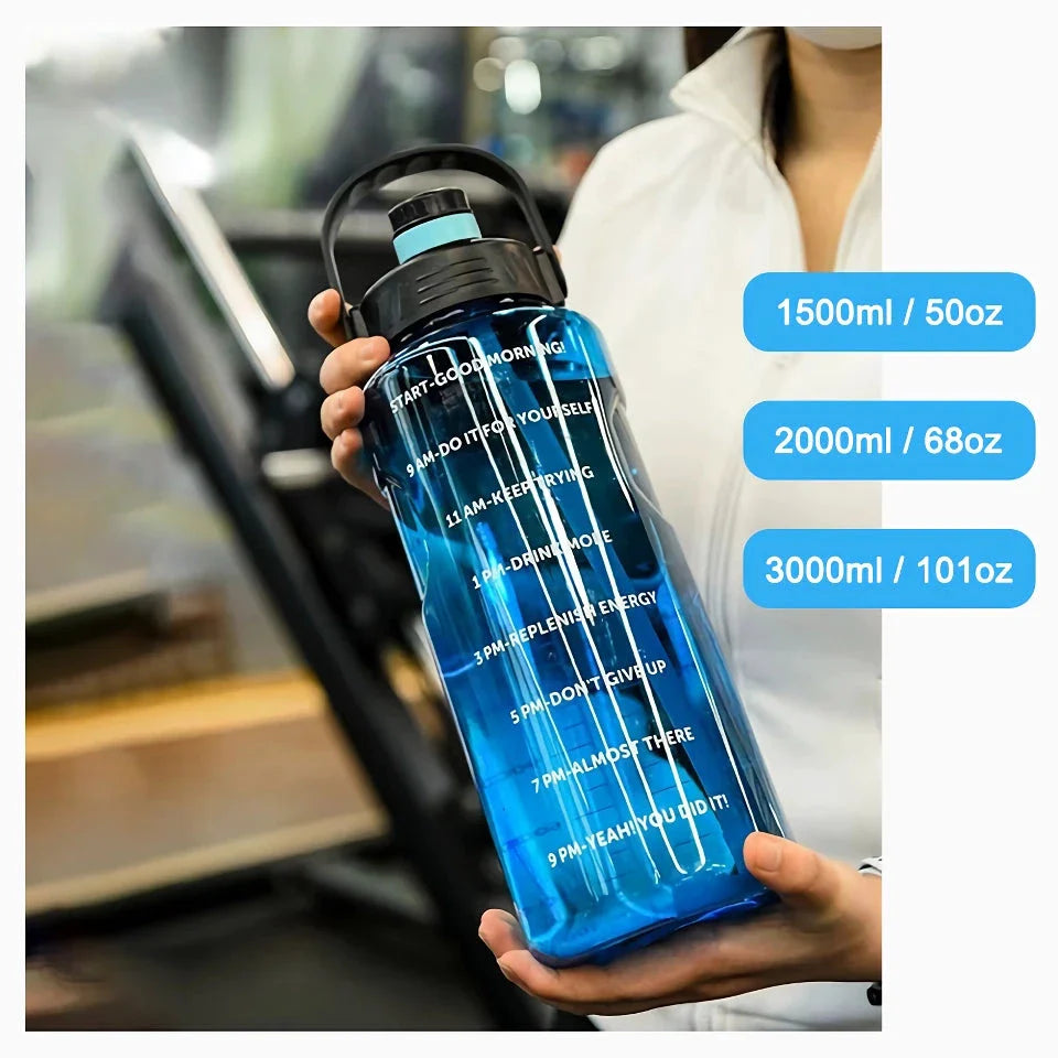 A large capacity sports water bottle with a straw lid and time stamps, designed for ultimate hydration and convenience.