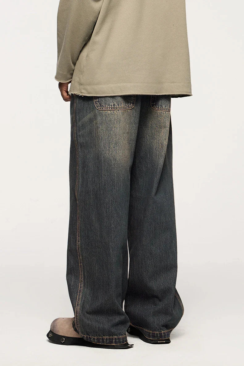 Men's relaxed fit retro straight-leg jeans in black, gray, and denim blue with vintage-inspired details
