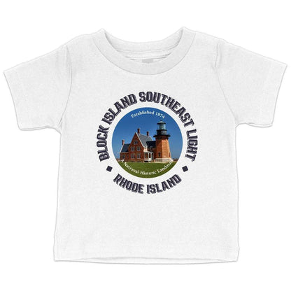 Baby wearing a comfortable, soft, and flexible Rhode Island-inspired t-shirt in white color