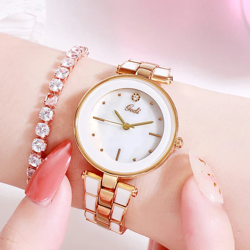 Trendy Korean-style white quartz ladies watch with rose gold accents and stainless steel strap