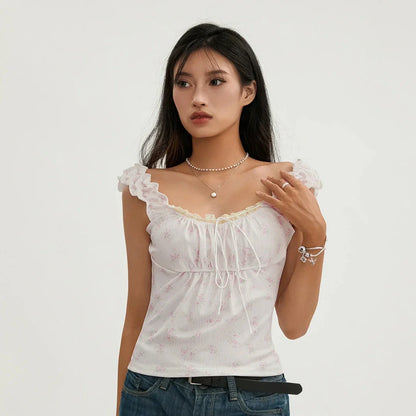 Vintage-inspired grunge lace patchwork crop top in pink color with intricate design and slim fit