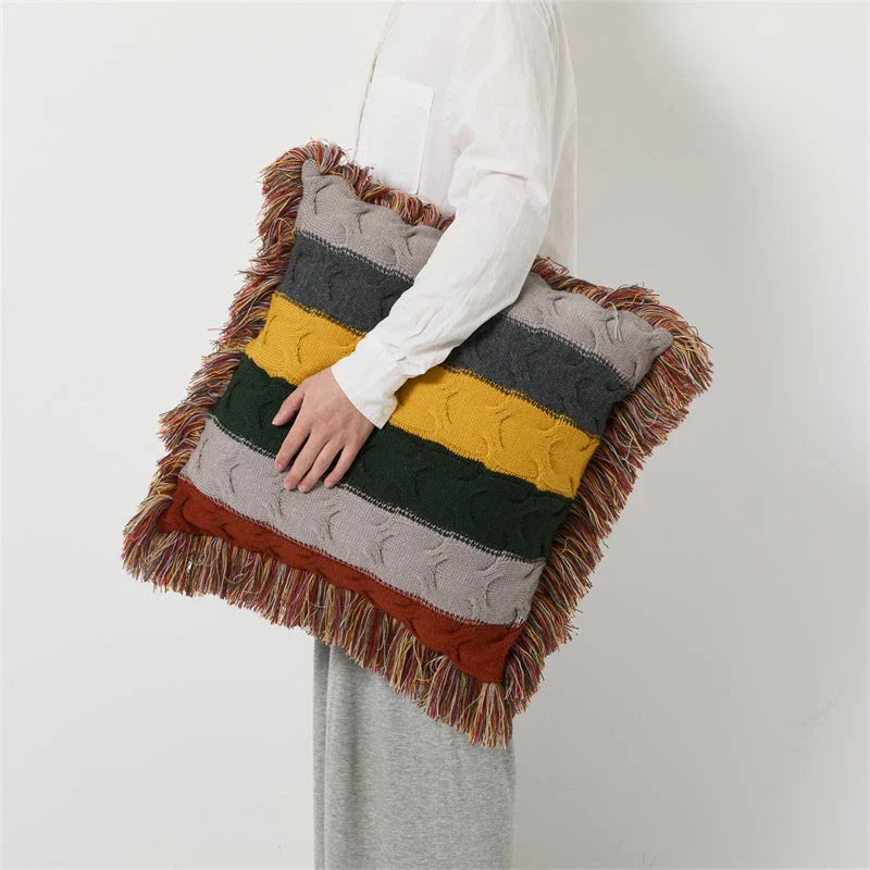 Boho Decorative Wool Knitted Fringed Pillow in Multicolor, Plush Cushion for Sofa and Bed Decor