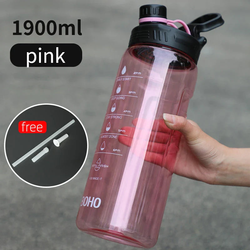 A large 2-liter water bottle with a straw, designed for active lifestyles and everyday hydration needs.