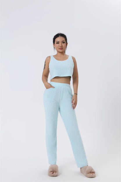 Cozy 3-piece loungewear set in pastel colors including crop top, wide-leg pants, and matching cardigan