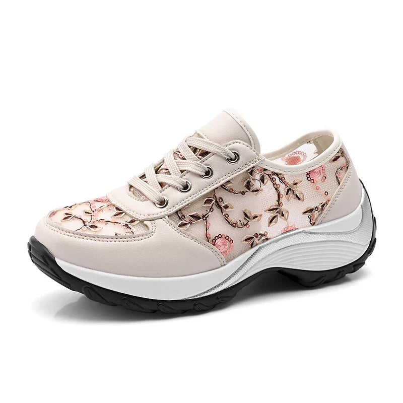 Women's Korean-style embroidered sneakers with breathable mesh upper and rubber sole