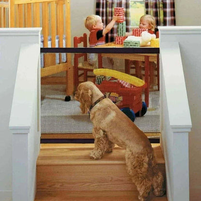 Versatile Portable Safety Net with fiberglass fabric, designed for easy installation and pet containment in doorways, walls, and stairwells