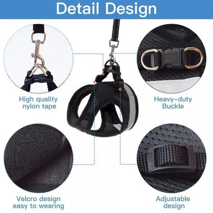 Reflective and breathable pet harness in blue color with adjustable straps and mesh design for safety and comfort