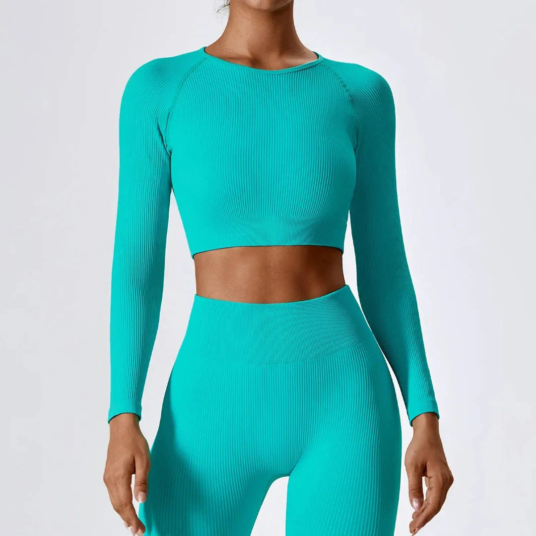 Essential Comfort Women's Ribbed Long Sleeve Yoga Crop Top in Tiffany Blue color