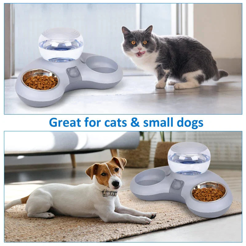 Automatic Pet Water Dispenser & Elevated Dual Cat Bowls - Gravity-fed water dispenser and tilted, elevated bowls for convenient and comfortable pet feeding