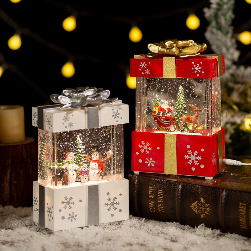 A festive red gift box with a crystal ball night lamp that emits warm, soothing lighting and plays classic Christmas songs.