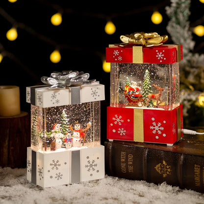 A festive red gift box with a crystal ball night lamp that emits warm, soothing lighting and plays classic Christmas songs.
