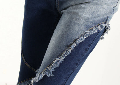Geometric raw edge jeans with high-waisted, slimming design in blue denim