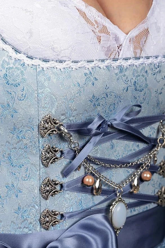 Bavarian-inspired 3-piece women's outfit with A-line skirt, pullover top, and jacquard pattern in sapphire blue color