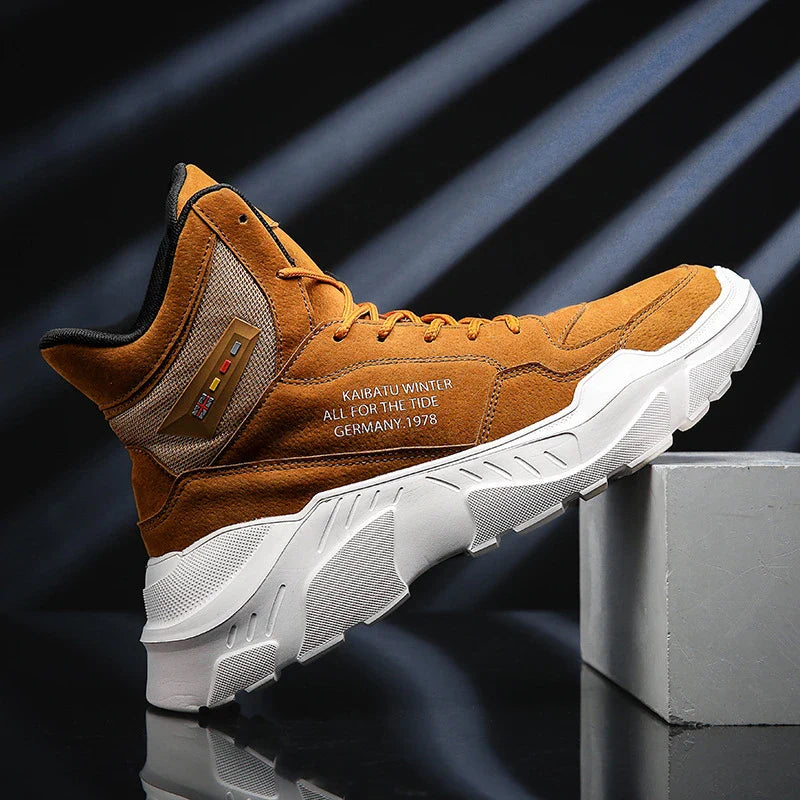 A pair of high-performance men's casual sports shoes made with premium pig eight leather and a thick rubber sole for superior comfort and durability.