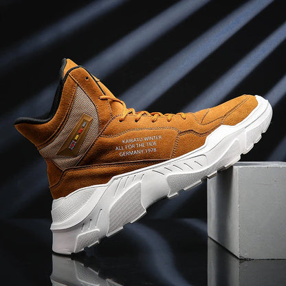 A pair of high-performance men's casual sports shoes made with premium pig eight leather and a thick rubber sole for superior comfort and durability.