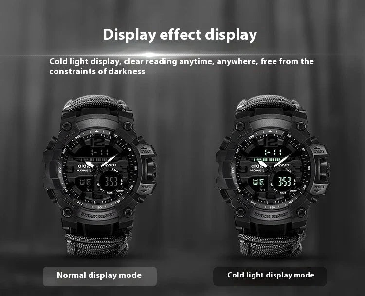 Outdoor survival watch with compass, parachute cord, and water-resistant design for rugged adventures