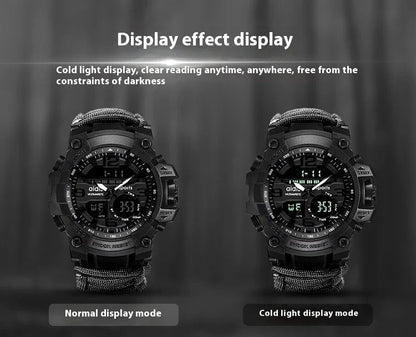 Outdoor survival watch with compass, parachute cord, and water-resistant design for rugged adventures