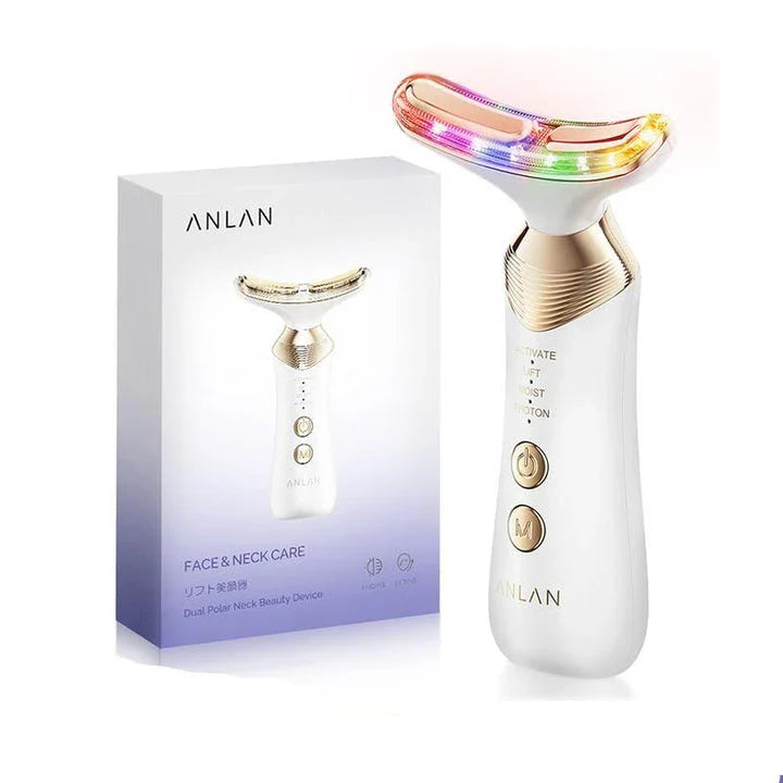 Dual Polar Neck & Face Lifting Device with 24K gold-plated contacts, multi-color phototherapy, and adjustable EMS settings for skin rejuvenation.
