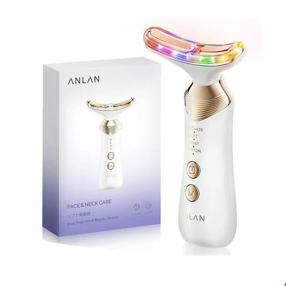 Dual Polar Neck & Face Lifting Device with 24K gold-plated contacts, multi-color phototherapy, and adjustable EMS settings for skin rejuvenation.