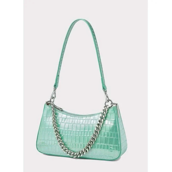 Alligator pattern leather shoulder bag with chic chain detail, showcasing a stylish and functional everyday accessory