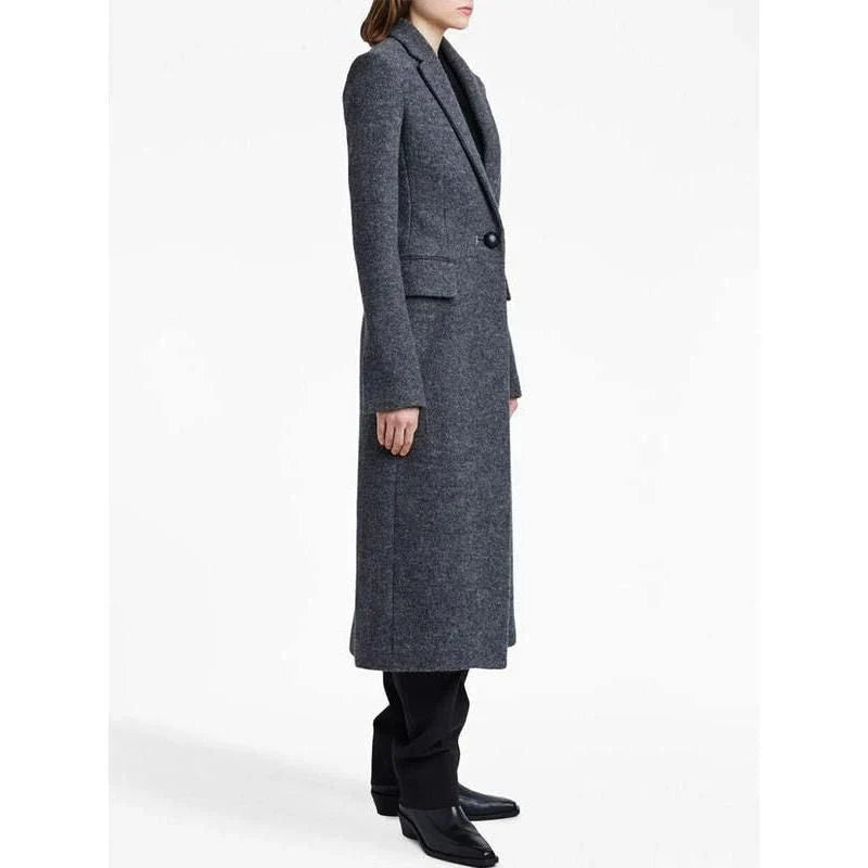 Elegant woolen long coat for women featuring a stylish turn-down collar and single-button closure for a chic, sophisticated look.