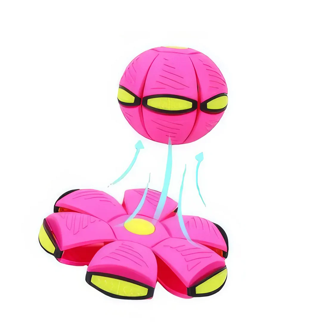 Transforming dog toy with UFO-shaped ball that changes shape for interactive outdoor play