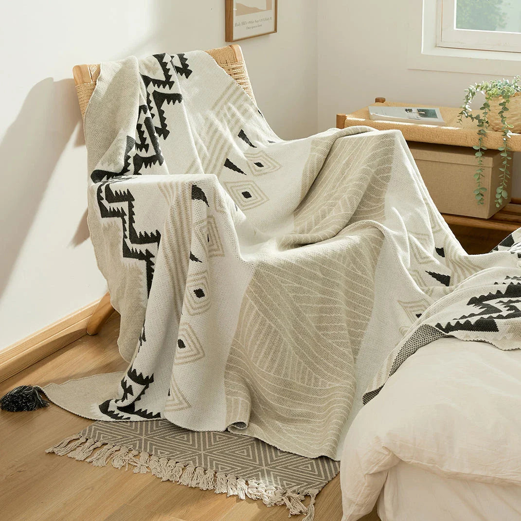 Cozy Bohemian Cotton Throw Blanket with Tassels in Yellow, Pink, and Gray Colors